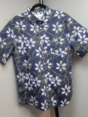 Goodfellow&Co Mens Navy Short-Sleeve Floral Tropical Button-Down Shirt Top Sz L